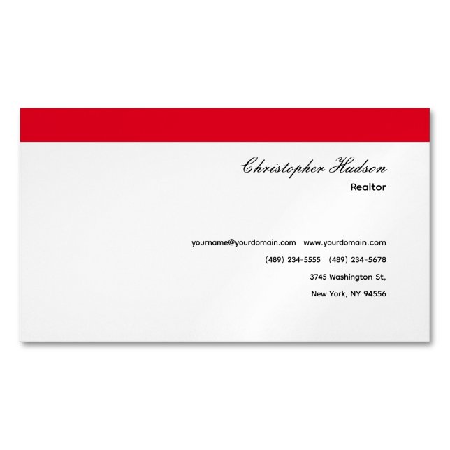 Tarjeta De Visita Magnética Profesional Simple Inmobiliaria Blanco Rojo (Anverso)