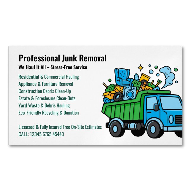 Tarjeta De Visita Magnética Professional Junk Removal Hauling Services Truck (Anverso)