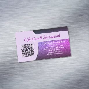 Tarjeta De Visita Magnética Purple Faux Purpurina QR Code Professional