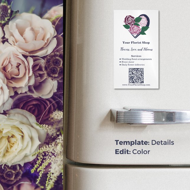 Tarjeta De Visita Magnética 🌷 Purple Heart Blooms Florist Business Card Magne (🌷Purple Heart Blooms Florist Business Card Magnet, Florist Shop, Tagline, Services, QR code, www)