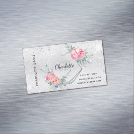 Tarjeta De Visita Magnética Purpurina plateado maquillaje floral rosa belleza 