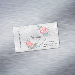 Tarjeta De Visita Magnética Purpurina plateado maquillaje floral rosa belleza 