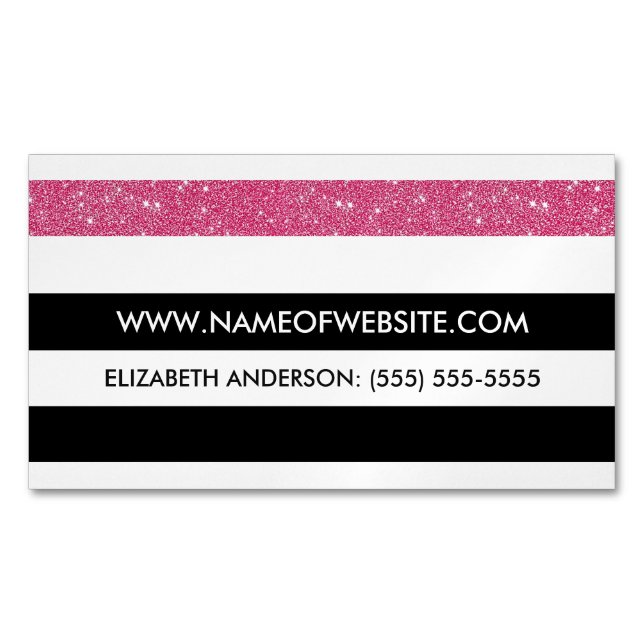 Tarjeta De Visita Magnética Rayas modernas en blanco y negro Pink FAUX Glitz (Anverso)
