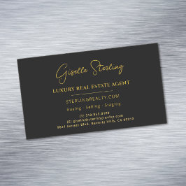 Tarjeta De Visita Magnética Real Estate Black Gold Script Profesional de lujo