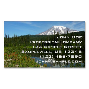 Tarjeta De Visita Magnética Reflejo del lago del Monte Rainier con flores silv