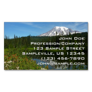 Tarjeta De Visita Magnética Reflejo del lago del Monte Rainier con flores silv