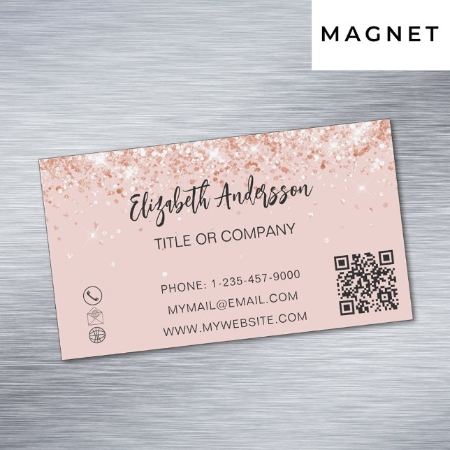 Tarjeta De Visita Magnética Rosa de confeti dorado elegante código QR (Subido por el creador)