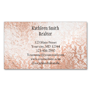 Tarjeta De Visita Magnética Rosa Dorado Damasco Elegante Femenino
