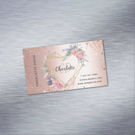Tarjeta De Visita Magnética Rosa purpurina dorado color rosa floral maquillaje