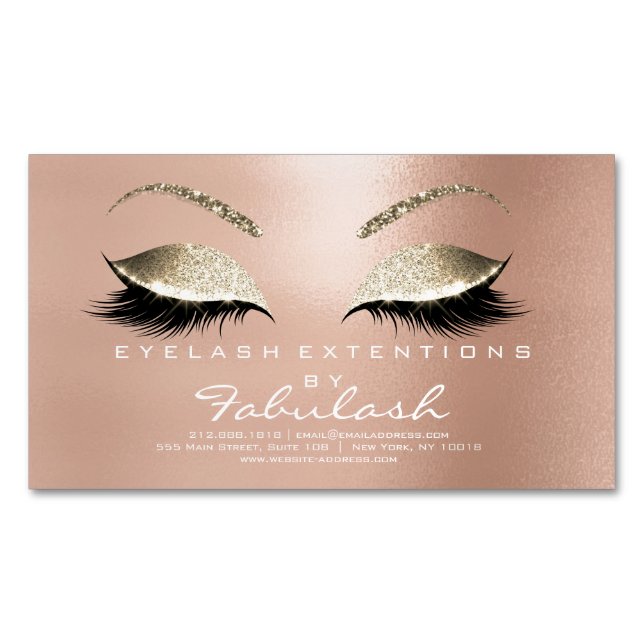 Tarjeta De Visita Magnética Salón De Belleza Purpurina Dorado Dirección Maquil (Anverso)