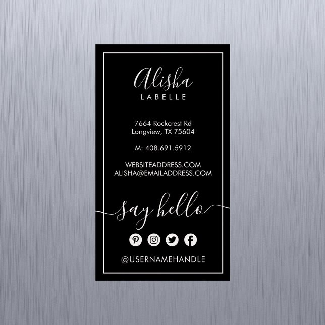 Tarjeta De Visita Magnética Saludo | Elegante social negro y rosa negro (Say Hello | Elegant Black & Blush Pink Social Business Card Magnet)