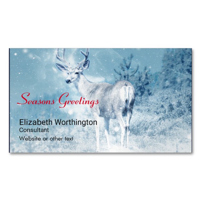 Tarjeta De Visita Magnética Seasons Greetings Winter Deer and Pine Trees (Anverso)