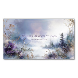 Tarjeta De Visita Magnética Serene Misty Lake Purple Floral Gold Sparkle