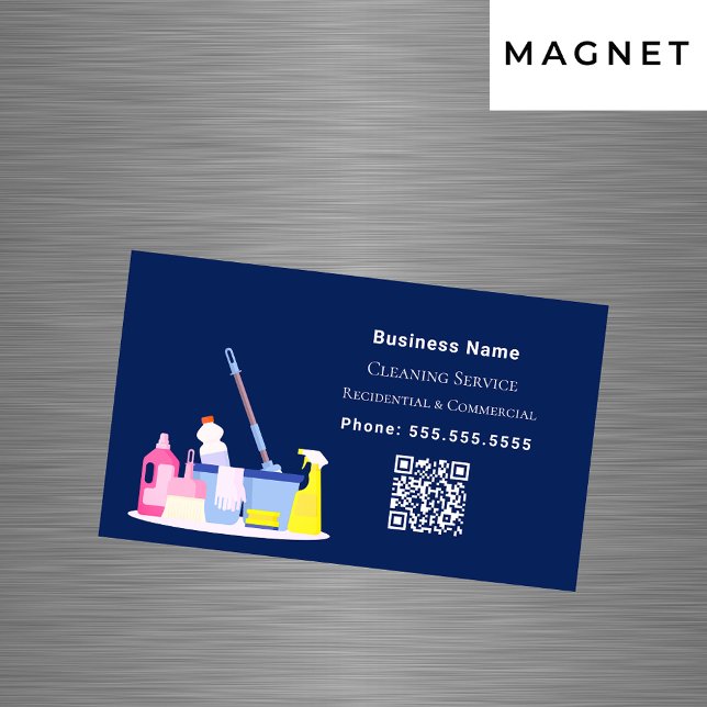 Tarjeta De Visita Magnética Servicio de limpieza código QR azul marino (Subido por el creador)