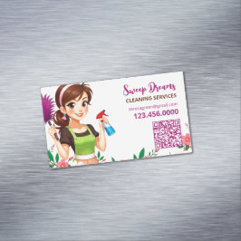 Tarjeta De Visita Magnética Servicio de limpieza Floral QR