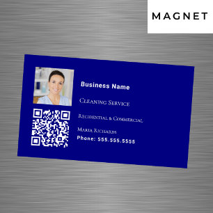 Tarjeta De Visita Magnética Servicio de limpieza foto azul marino código QR