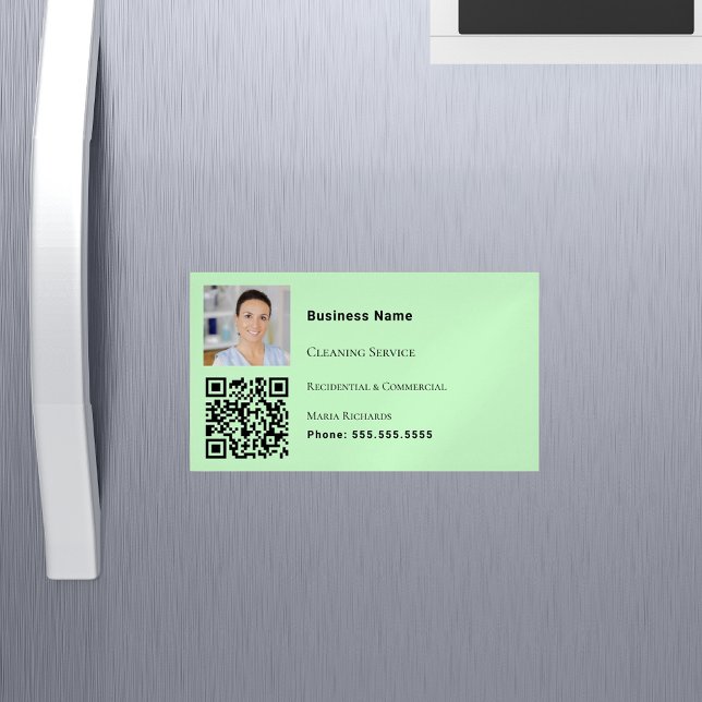 Tarjeta De Visita Magnética Servicio de limpieza foto verde claro código QR (Subido por el creador)