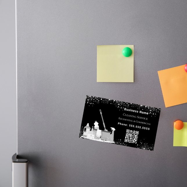 Tarjeta De Visita Magnética Servicio de limpieza polvo purpurina de plata negr (Subido por el creador)