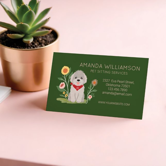 Tarjeta De Visita Magnética Servicios de cuidado de mascotas con caniche malté (Cute Floral Maltese Poodle Dog Pet Care Services Business Card Magnet)