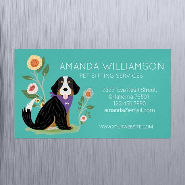 Tarjeta De Visita Magnética Servicios de cuidado de mascotas de perros de mont (Cute Floral Bernese Mountain Dog Pet Care Services Business Card Magnet)