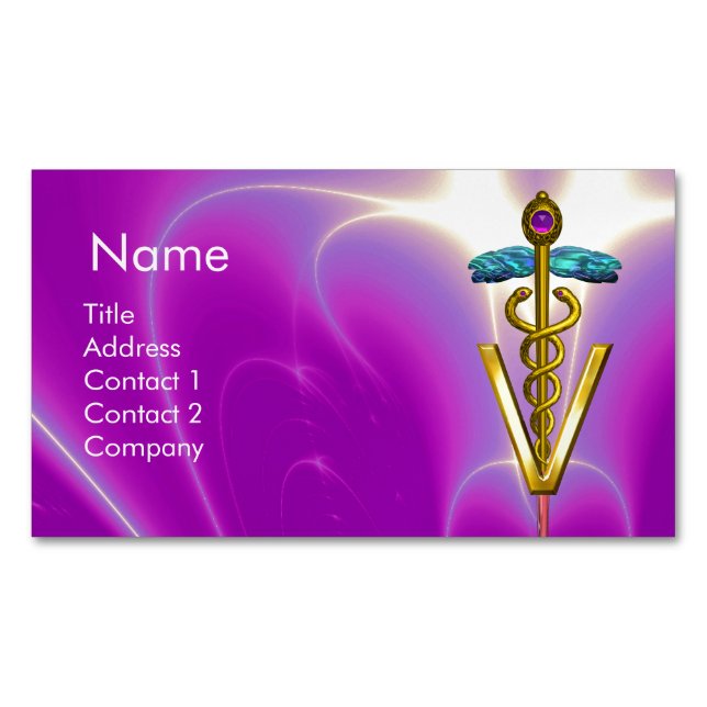 Tarjeta De Visita Magnética SÍMBOLO VETERINARIO CADUCEUS GOLDEN / Púrpura de F (Anverso)