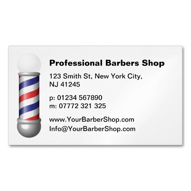 Tarjeta De Visita Magnética Simple White Barbers Pole Barbershop Business Card (Anverso)