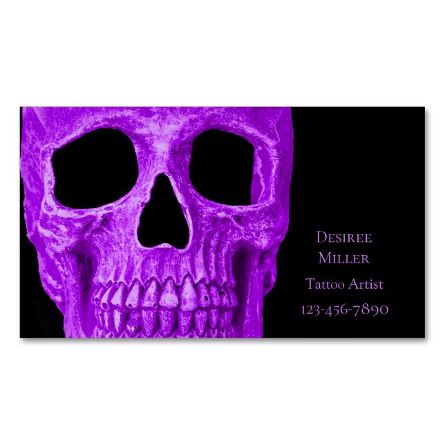 Tarjeta De Visita Magnética Skull Head Gothic Neon Purple Black Tattoo Shop (Anverso)