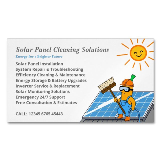 Tarjeta De Visita Magnética Solar Panel Cleaning Services Mascot Cartoon (Anverso)