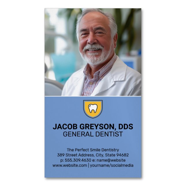 Tarjeta De Visita Magnética Sonrisa dentista | Icono de Escudo dental (Frente vertical)