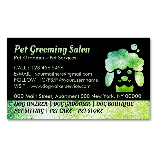 Tarjeta De Visita Magnética Spa Dog Grooming Salon Green Bed (Anverso)