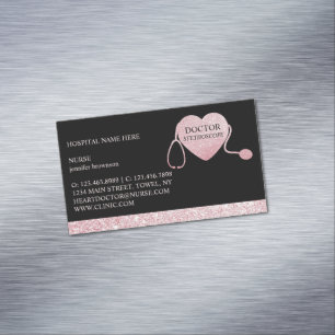 Tarjeta De Visita Magnética Stethoscope Sparkle Heart Pink Black
