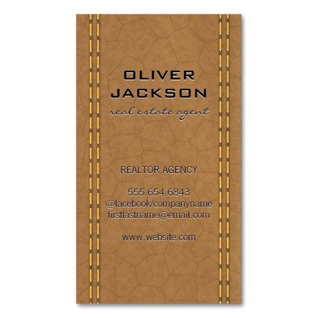 Tarjeta De Visita Magnética Tan Leather Stitched Parece (Frente vertical)