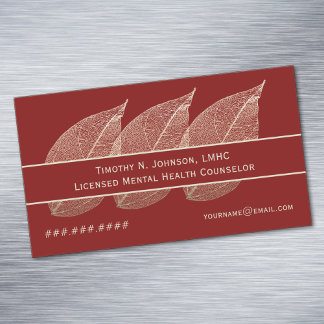 Tarjeta De Visita Magnética Three Golden Leaves on Maroon Counselor Therapist