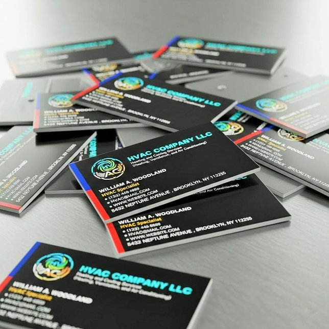 Tarjeta De Visita Magnética Unique Heating & Cooling Company Logo Slogan HVAC  (HVAC company refrigerator magnets, Contractor marketing materials, Black business card magnet design)