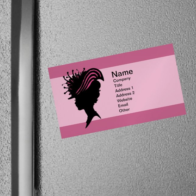 Tarjeta De Visita Magnética Victoriana de la época Lady Black Silhouette Fancy (Black silhouette Victorian woman in fancy hat on pink magnetic business card.)