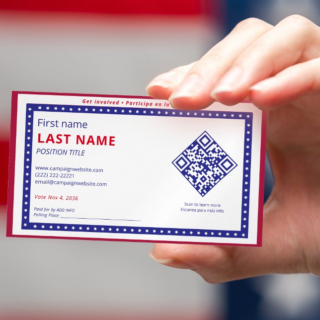 Tarjeta De Visita Magnética Votante de campaña bilingüe Contáctese con el códi (Bilingual Campaign Voter Contact GOTV Info QR Code Business Card Magnet)