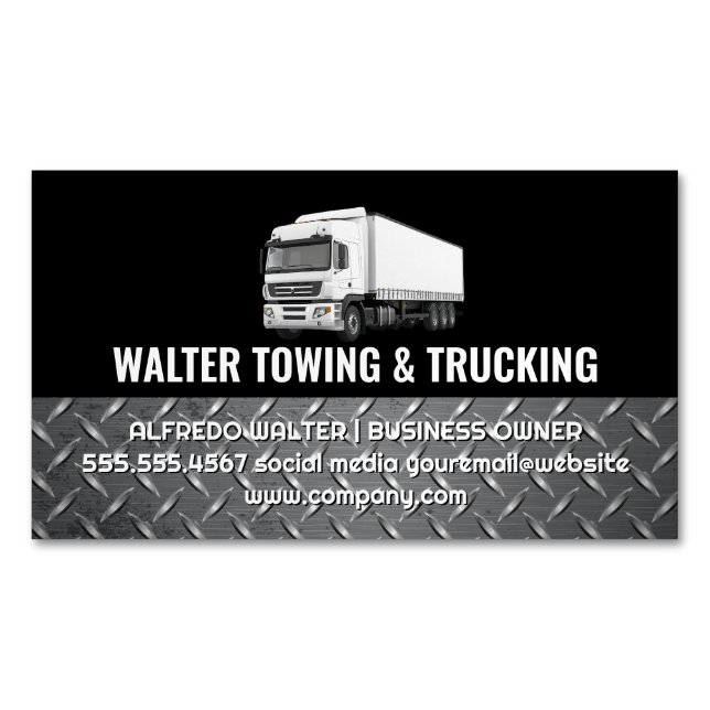 Tarjeta De Visita Magnética White Trucking Logo | Steel Trim | Logistics  (Anverso)