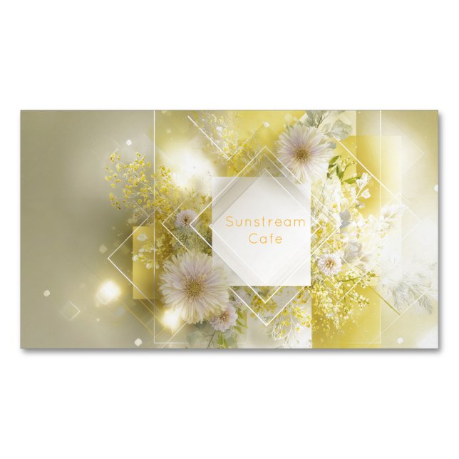 Tarjeta De Visita Magnética Yellow Floral Mimosa Geometric Diamond Frame (Anverso)