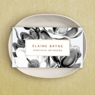 Tarjeta De Visita Magnolia blanco negro botánico