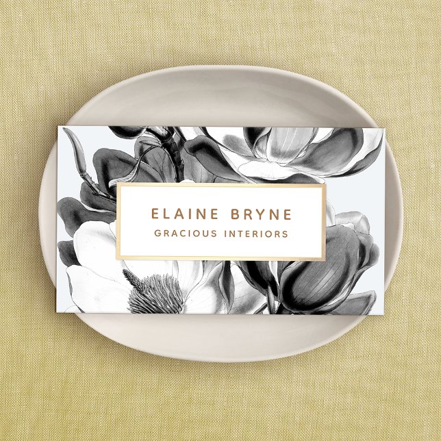 Tarjeta De Visita Magnolia blanco negro botánico (Subido por el creador)