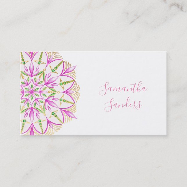 Tarjeta De Visita Magnolia rosa dorada Mandala hojas verdes (Anverso)
