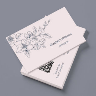 Tarjeta De Visita Magnolia Rosa Pálido Floral Moderno Código QR