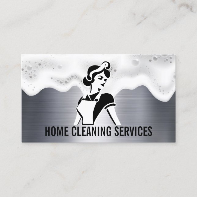 Tarjeta De Visita Maid Cleaner | Soap Suds | Fondo metálico (Anverso)