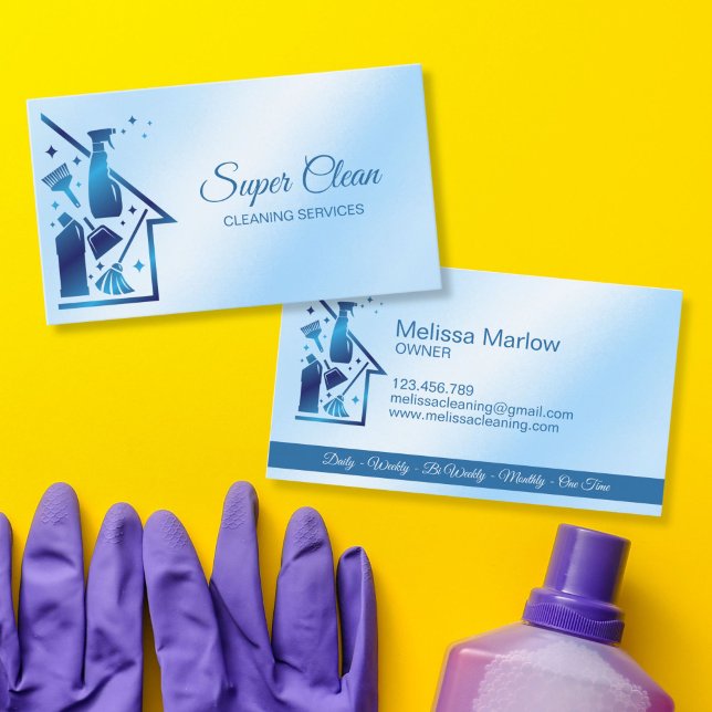 Tarjeta De Visita Maid Cleaning House professional Cleaning Services (cleaning tools logo for cleaning services business, residential and commercial. blue color)