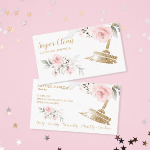 Tarjeta De Visita Maid Cleaning House Sparkling Gold Floral