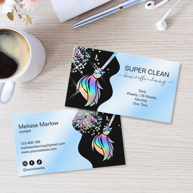 Tarjeta De Visita Maid Cleaning House Sparkling Holograph Business C (Maid Cleaning House Sparkling Business Card with holographic broom logo, glitter and water splash)