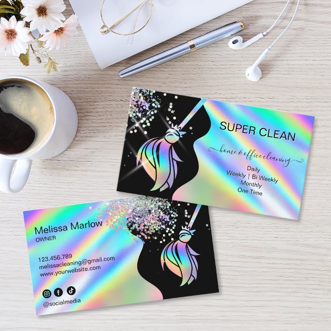 Tarjeta De Visita Maid Cleaning House Sparkling Holograph Business C (Maid Cleaning House Sparkling Business Card with holographic broom logo, glitter and water splash)