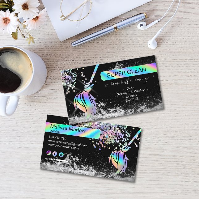 Tarjeta De Visita Maid Cleaning House Sparkling Holograph Business C (Maid Cleaning House Sparkling Business Card with holographic broom logo, glitter and water splash)