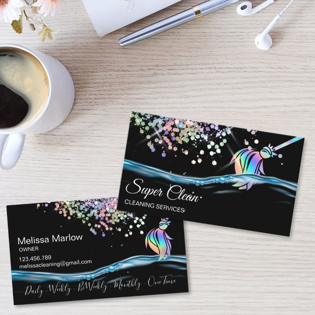 Tarjeta De Visita Maid House Cleaning Housekeeping Holograph (Maid Cleaning House Sparkling Business Card with holographic broom logo, glitter and water splash)