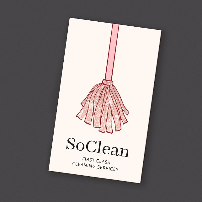Tarjeta De Visita Maid HouseKeeping Services Rosa Gold Purpurina Mop (Subido por el creador)